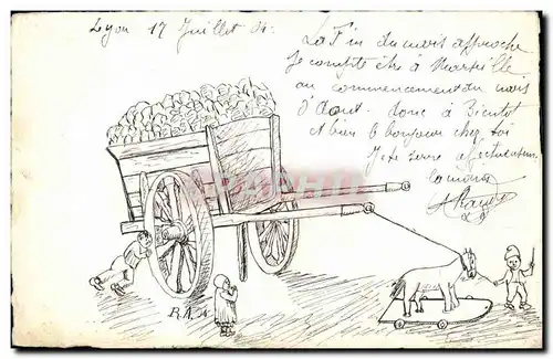 Cartes postales Fantaisie Charette Enfants Cheval (dessin a la main)