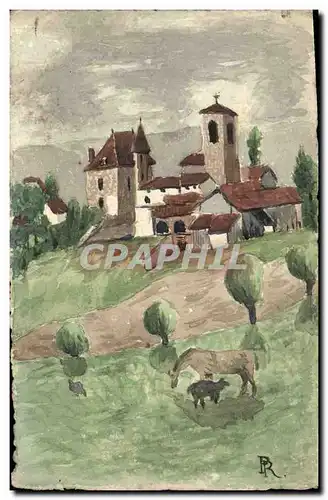 Cartes postales Fantaisie (dessin a la main) Village Chevaux