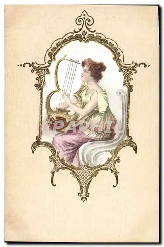 Ansichtskarte AK Fantaisie Femme Harpe (carte toilee)