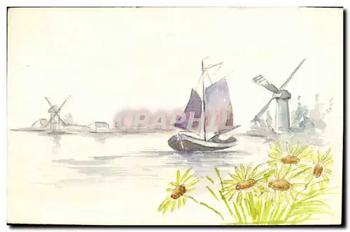 Ansichtskarte AK Fantaisie (dessin a la main) Bateau Moulin a vent