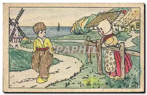 Cartes postales Fantaisie (dessin a la main) Enfants Moulin a vent