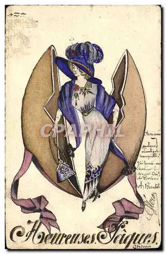 Cartes postales Fantaisie (dessin a la main) Femme Oeuf Paques