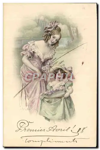 Cartes postales Fantaisie Femme Enfant Peche