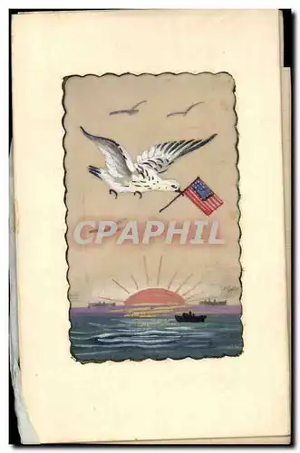 Cartes postales Fantaisie (dessin a la main) Oiseau Drapeau americain Bateau (sur carte toilee)