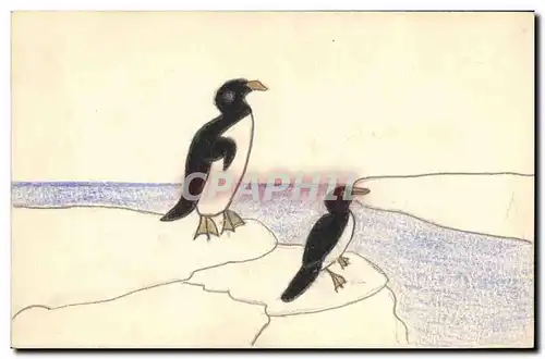 Ansichtskarte AK Fantaisie (dessin a la main) Oiseaux Pingouins