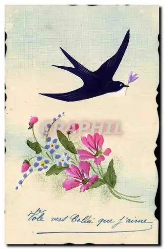 Cartes postales Fantaisie (dessin a la main) Fleurs Hirondelle