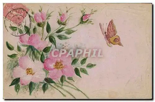 Ansichtskarte AK Fantaisie (dessin a la main) Fleurs Papillon