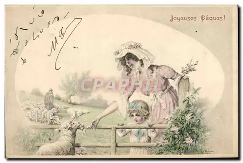 Cartes postales Fantaisie Femme Enfant Paques Agneaux