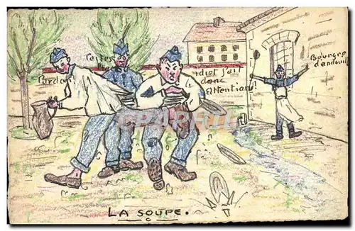 Cartes postales Fantaisie (dessin a la main) Soldats Miltiaria La soupe