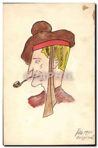 Cartes postales Fantaisie (dessin a la main) Personnage a la pipe Tabac