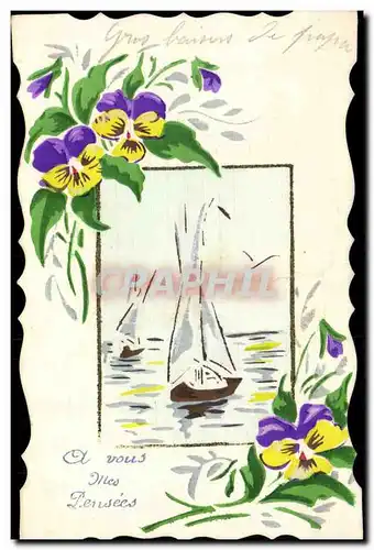 Ansichtskarte AK Fantaisie (dessin a la main) Fleurs Bateau
