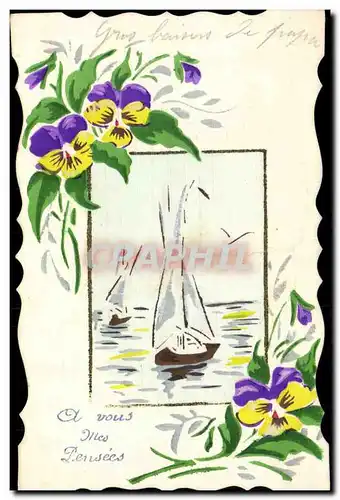 Cartes postales Fantaisie (dessin a la main) Fleurs Bateau