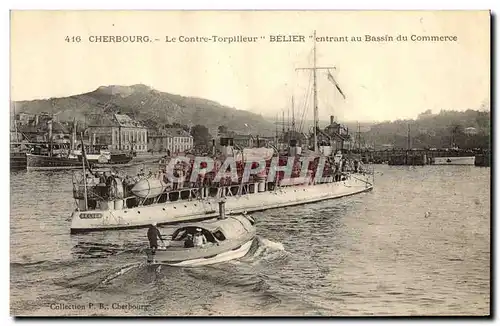Ansichtskarte AK Bateau de Guerre Cherbourg Le contre torpilleur Belier entrant au Bassin du commerce