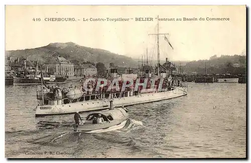 Cartes postales Bateau de Guerre Cherbourg Le contre torpilleur Belier entrant au Bassin du commerce