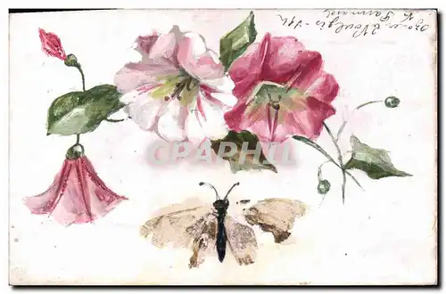 Ansichtskarte AK Fantaisie Fleurs Papillon (dessin a la main)