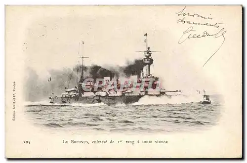 Cartes postales Bateau de Guerre Le Brennus Cuirasse de 1er rang a toute vitesse