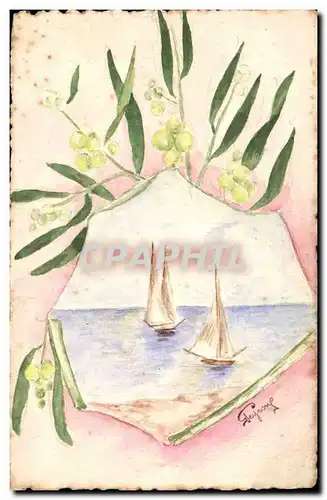 Ansichtskarte AK Fantaisie (dessin a la main) Fleurs Bateaux