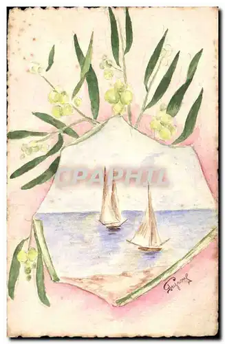 Cartes postales Fantaisie (dessin a la main) Fleurs Bateaux