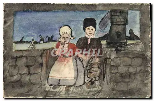 Ansichtskarte AK Fantaisie (dessin a la main) Enfants Moulin a vent