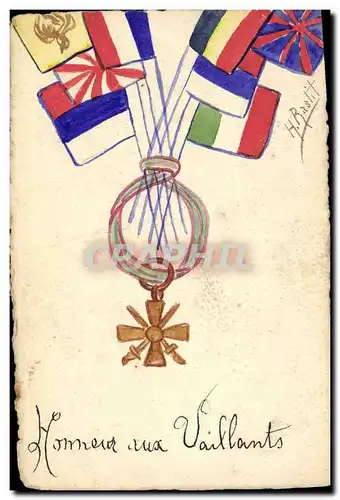 Ansichtskarte AK Fantaisie (dessin a la main) Drapeaux Honneur aux vaillants Medaille