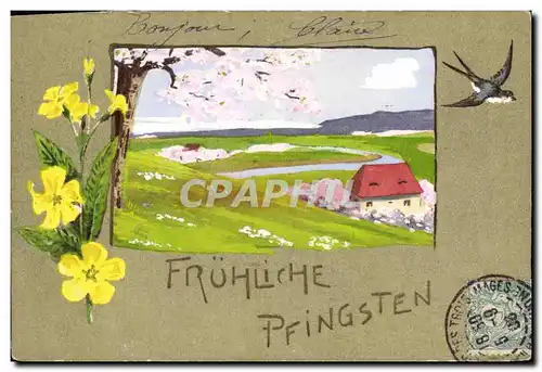 Ansichtskarte AK Fantaisie (dessin a la main) Paysage Hirondelle