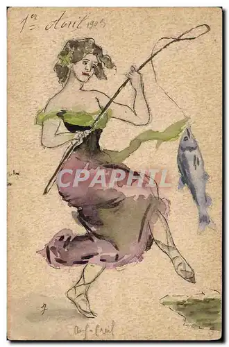 Ansichtskarte AK Fantaisie (dessin a la main) Femme Peche Poisson