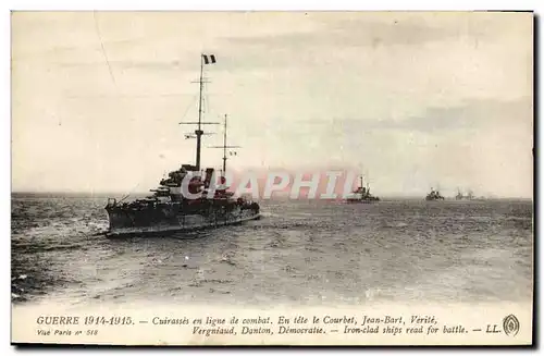 Cartes postales Bateau de Guerre Cuirasses en ligne de combat En tete le Courbet Jean Bart Verite Vergniaud Dant