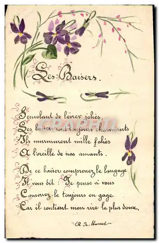 Cartes postales Fantaisie (dessin a la main) Fleurs Poeme Les baisers Alfred de Musset