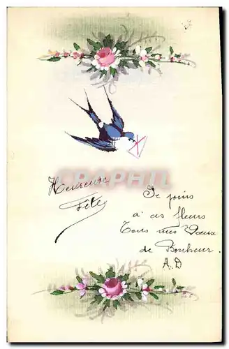 Cartes postales Fantaisie (dessin a la main) Fleurs Hirondelle