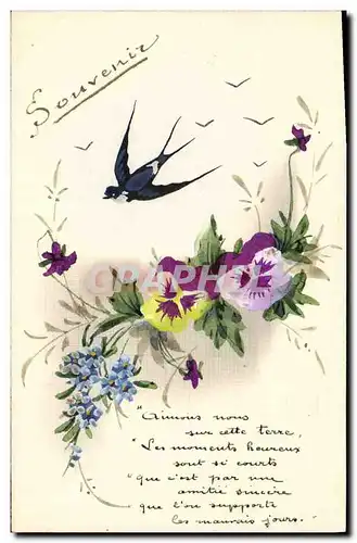 Cartes postales Fantaisie (dessin a la main) Fleurs Hirondelle