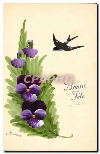 Ansichtskarte AK Fantaisie (dessin a la main) Fleurs Hirondelle