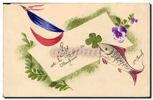 Cartes postales Fantaisie (dessin a la main) Fleurs Poisson Drapeau