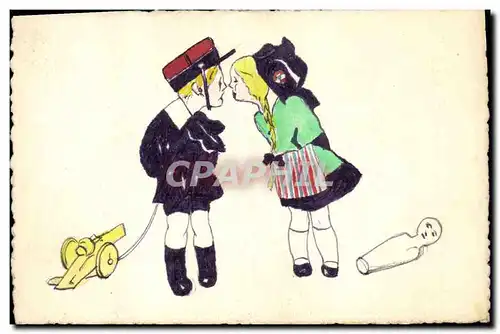 Cartes postales Fantaisie (dessin a la main) Enfants Alsace Canon Militaria