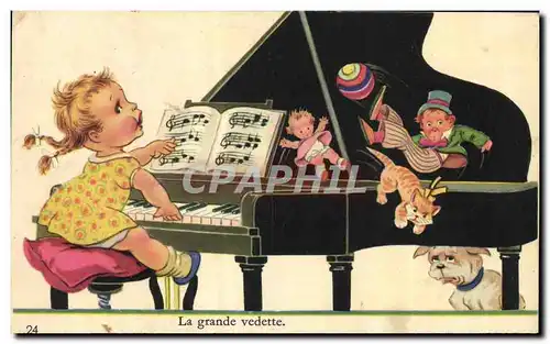 Ansichtskarte AK Fantaisie Enfants Poupee Piano Chien Chat