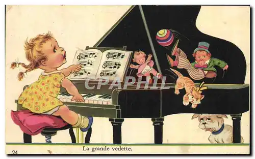 Cartes postales Fantaisie Enfants Poupee Piano Chien Chat