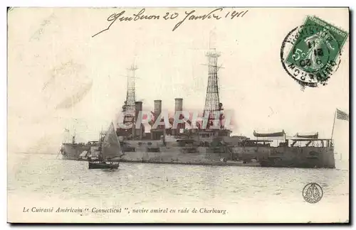 Cartes postales Bateau de Guerre La Cuirasse americain Connecticut navire amiral en rade de Cherbourg