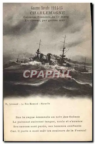 Cartes postales Bateau de Guerre Charlemagne Cuirasse Francais de 1er rang en chasse par grosse mer