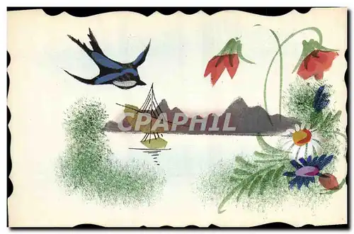 Cartes postales Fantaisie (dessin a la main)  Fleurs Hirondelle Bateau