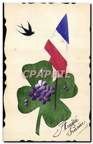 Ansichtskarte AK Fantaisie (dessin a la main) Fleurs Drapeau Trefle