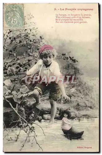 Cartes postales Fantaisie Poupee  La poupee voyageuse La barque en longeant la prairie Vint s'ecoucher pres d'un