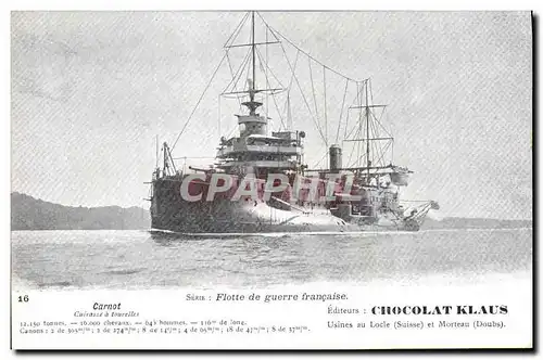 Cartes postales Bateau de GuerreCarnot Cuirasse a tourelles Flotte de guerre francaise Chocolat Klaus