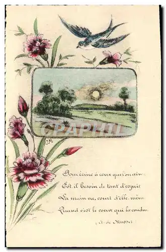 Cartes postales Fantaisie (dessin a la main) Hirondelle Fleurs