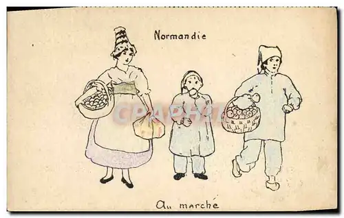 Ansichtskarte AK Fantaisie (dessin a la main) Normandie Au marche Femme Foklore