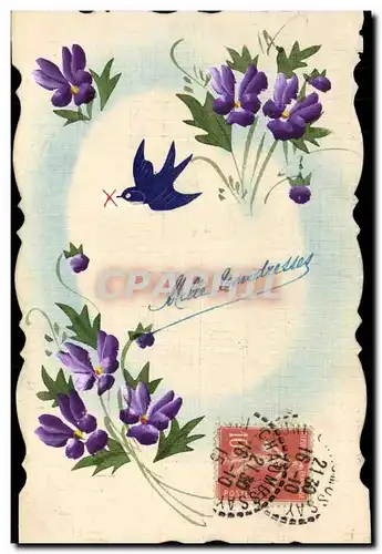 Ansichtskarte AK Fantaisie (dessin a la main) Fleurs Hirondelle
