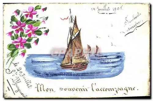 Ansichtskarte AK Fantaisie (dessin a la main) Fleurs Bateau