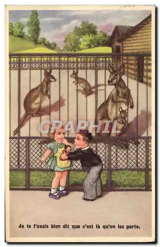 Ansichtskarte AK Fantaisie Poupee Enfants Kangourou Zoo  Je te l'avais bien dit que c'est la qu'on les porte
