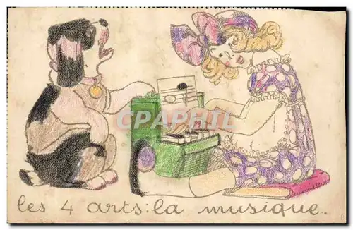 Cartes postales Fantaisie (dessin a la main ) chien Piano Les 4 arts la musique