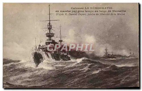Cartes postales Bateau de guerre Cuirasse La Democratie en marche par gros temps au large de Marseille