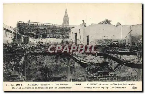 Cartes postales Militaria Albert Les usines Robert Schneider incendiees par les Allemands