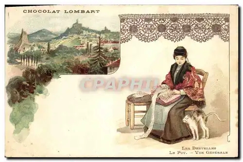 Cartes postales Folklore Les dentelles Le Puy Vue generale Chocolat Lombart Chat